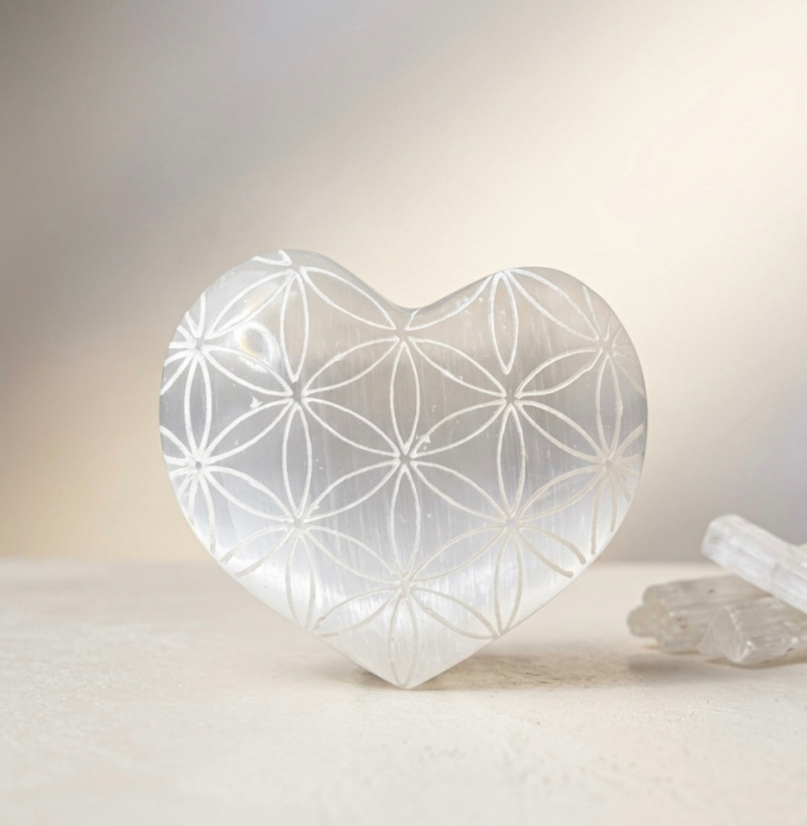 Etched Flower Of Life Selenite heart