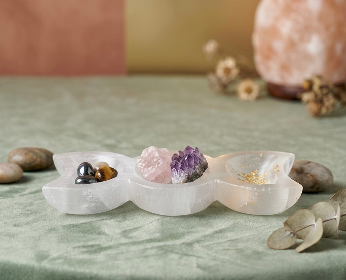 Selenite Triple Moon Goddess Dish