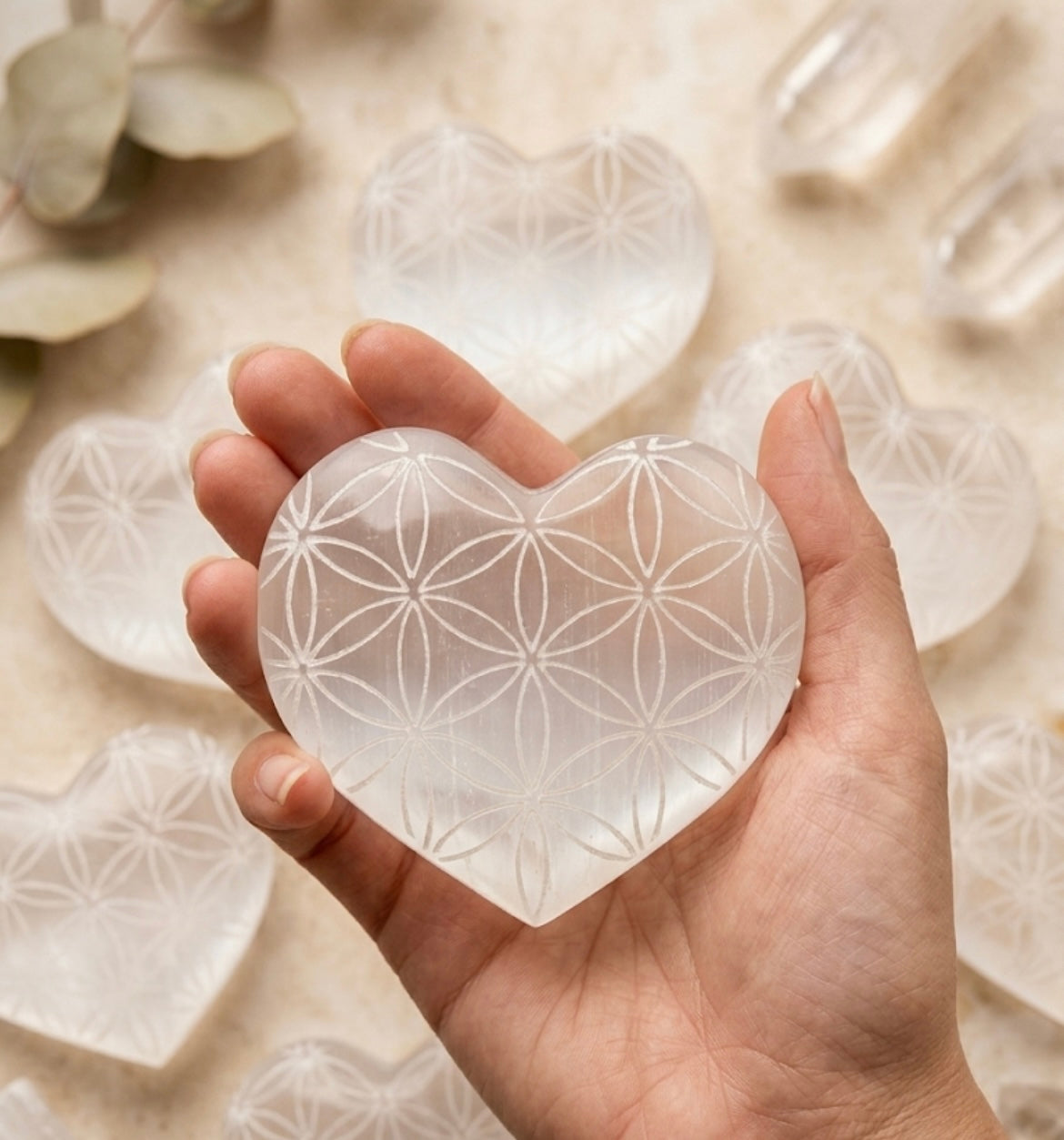 Etched Flower Of Life Selenite heart